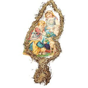 Antique German Die-Cut Paper Scrap Tinsel Christmas Ornament with Golden Tinsel